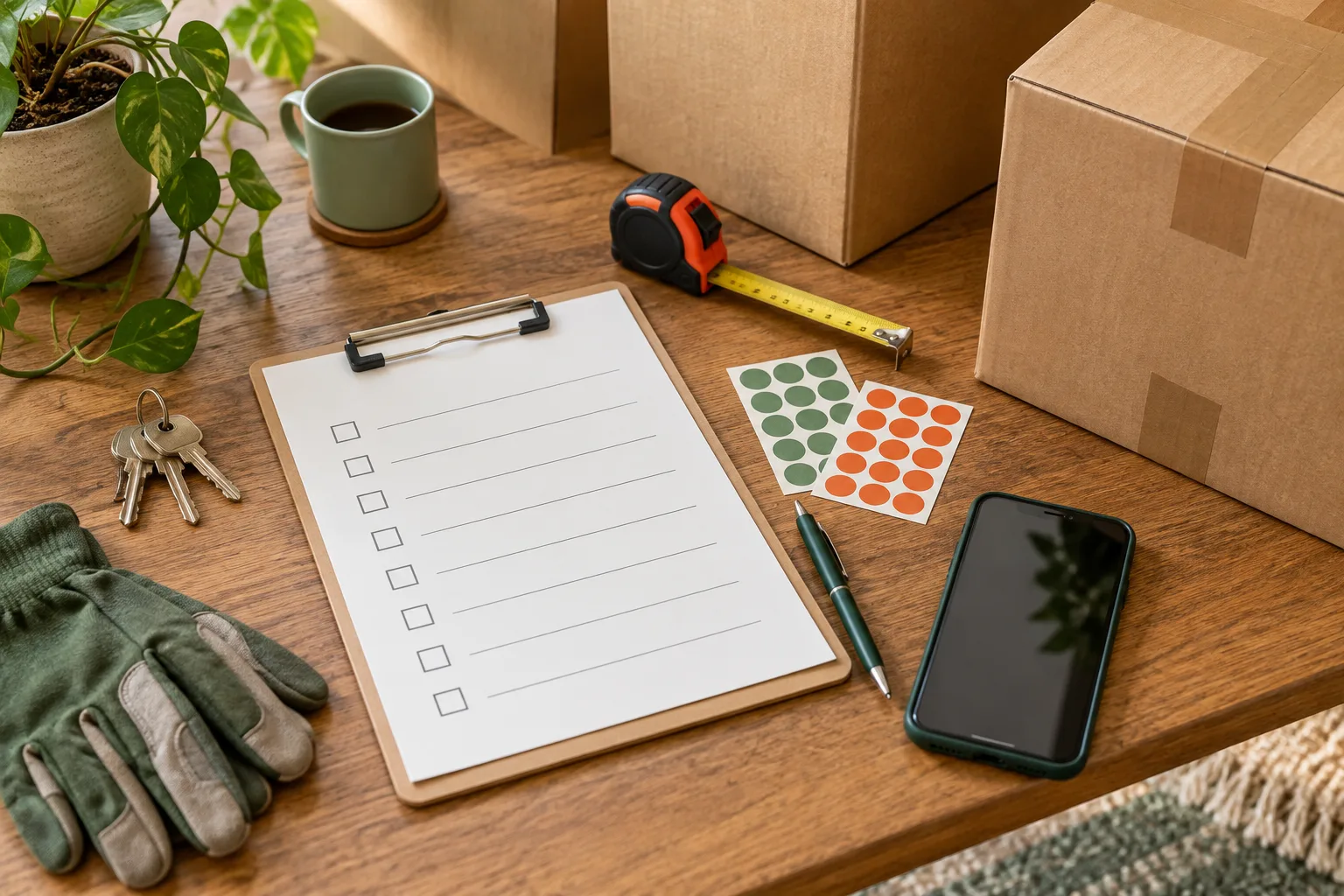 Cleanout checklist, measuring tape, keys, gloves, and boxes
