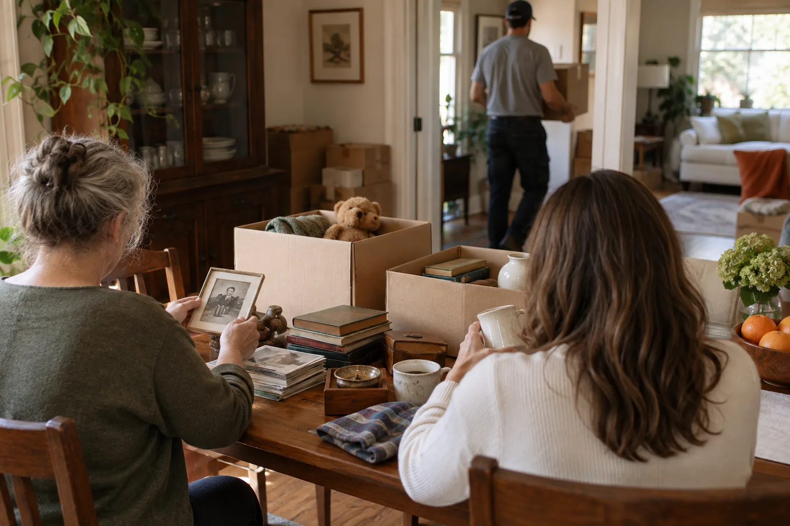 Family members review keepsakes while a worker carries a packed box